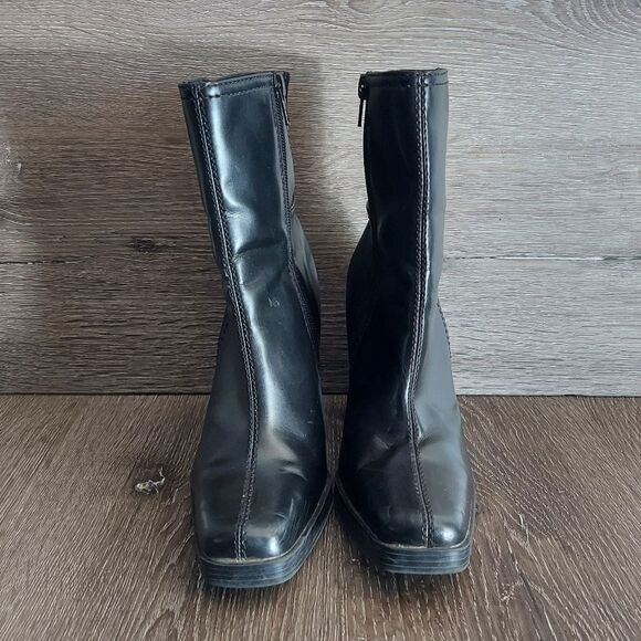 Vintage 90s George Black Square Toe Heel Platform Boot 5 - Picture 2 of 11